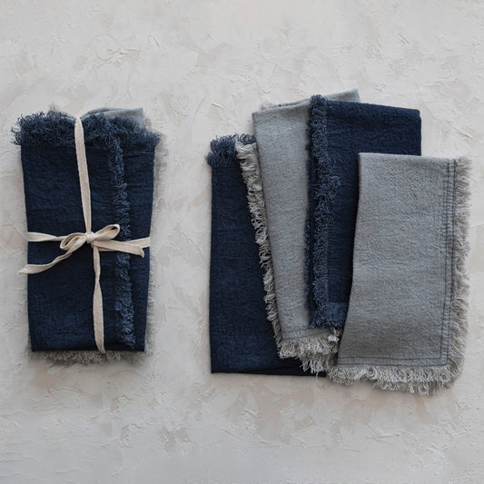 Linen Blend Napkins w/ Fringe, Navy Color & Blue